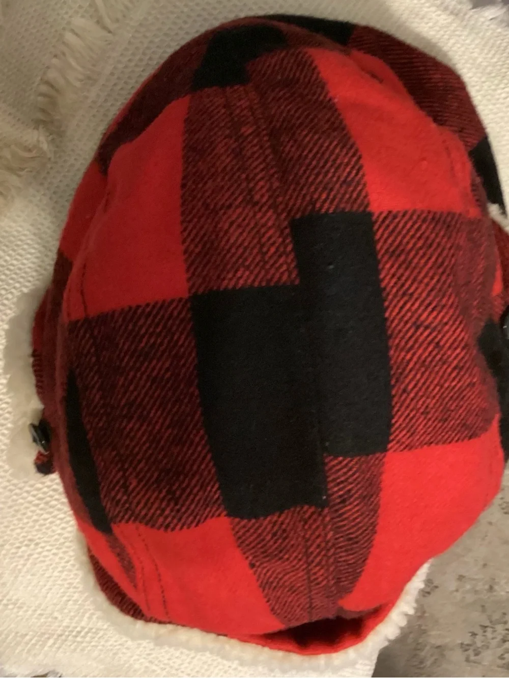 Red & Black Buffalo Plaid Trapper Hat with Cream Sherpa Lining